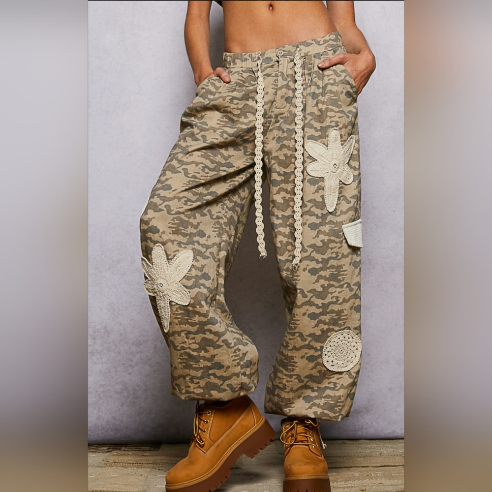 #859 POL Beige Camo Print Relaxed Fit Pants